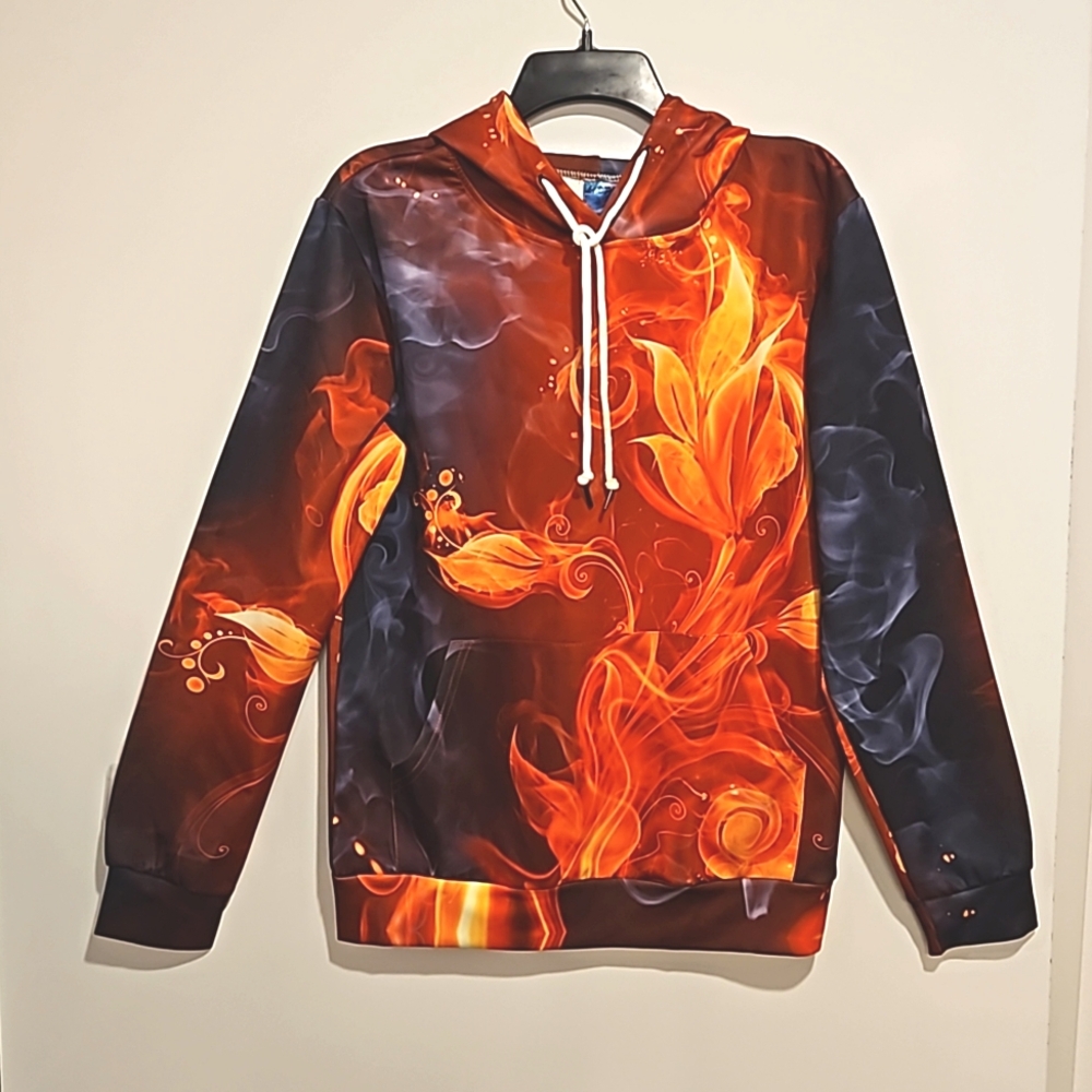 Multicolor abstract print hoodie kangaroo pocket UNISEX Small orange rust black